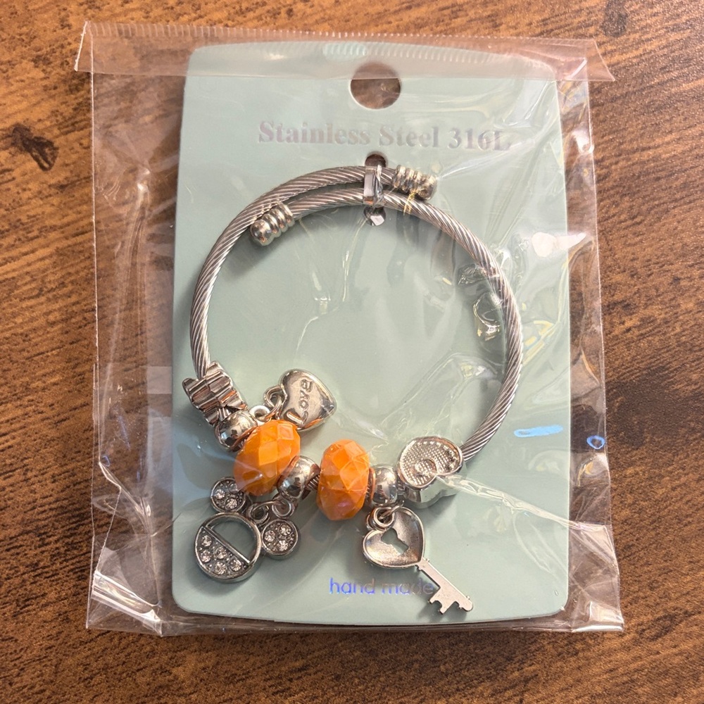 Women's Silver Bracelet with Orange Beads and Charms
